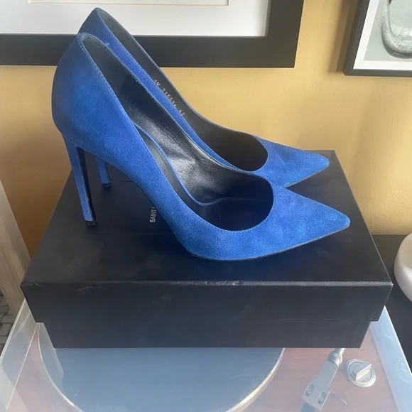 Saint Laurent Cobalt Blue Suede Heels - Picture 2 of 7